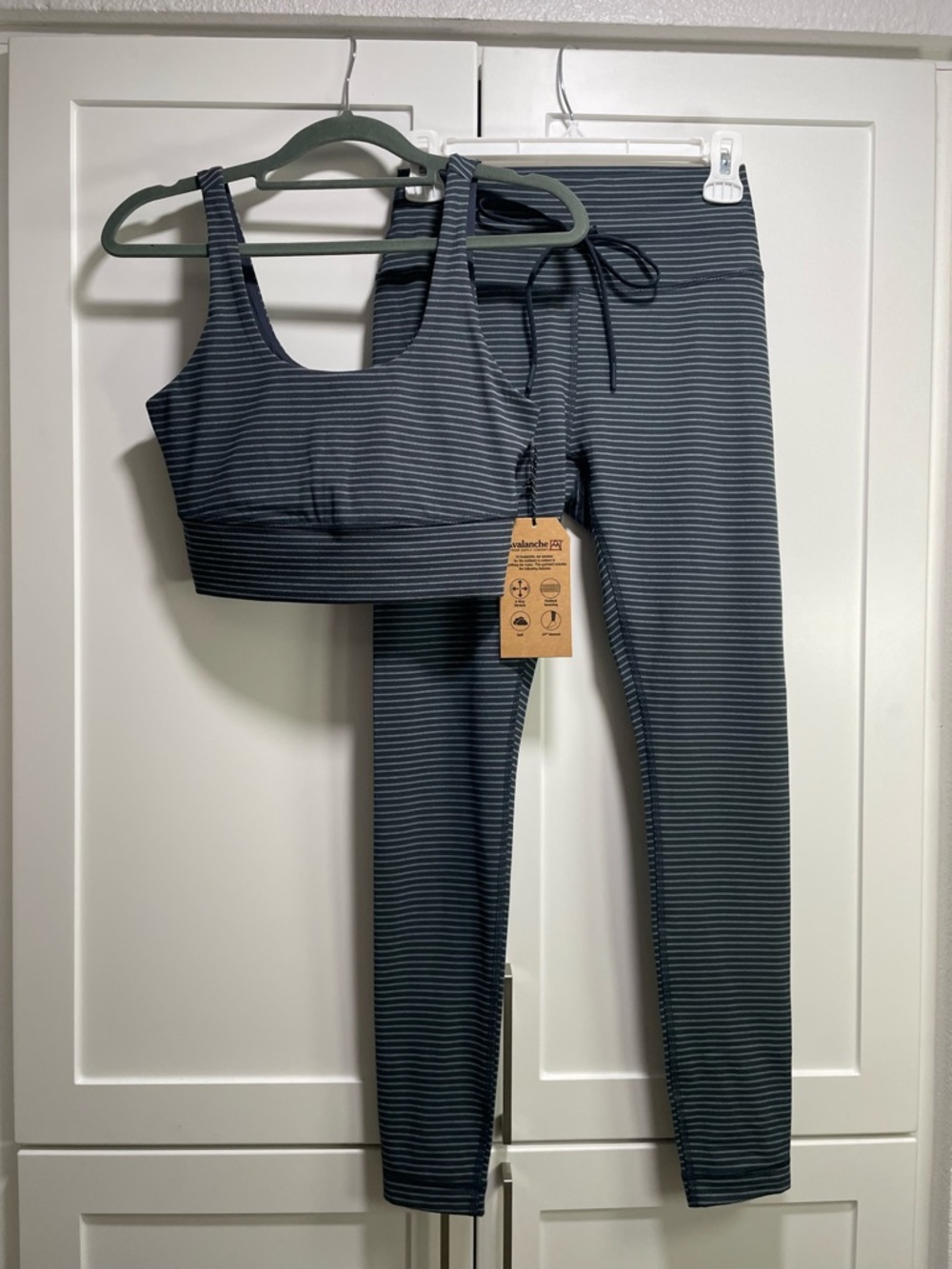 Avalanche Smokey Blue Grey Striped Sports Bra & 7/8 Legging Set